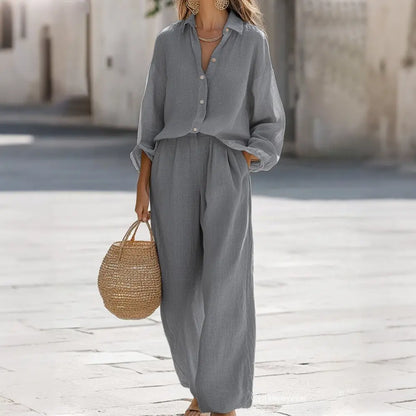 ✨【Bluză + Pantaloni】Set de zi cu zi pentru femei, cu mânecă lungă, din bumbac și in, și pantaloni