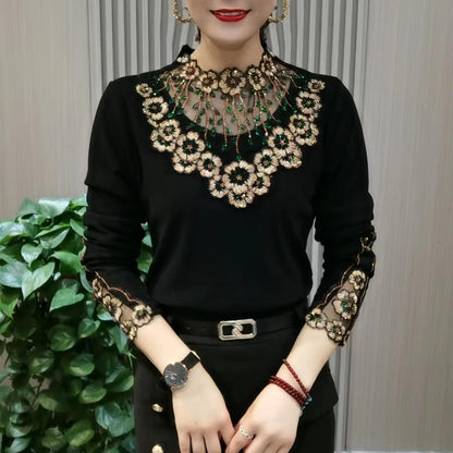 【XL-6XL】Noul top cald cu mâneci lungi, din catifea de înaltă calitate, cu guler din dantelă, pentru toamnă și iarnă