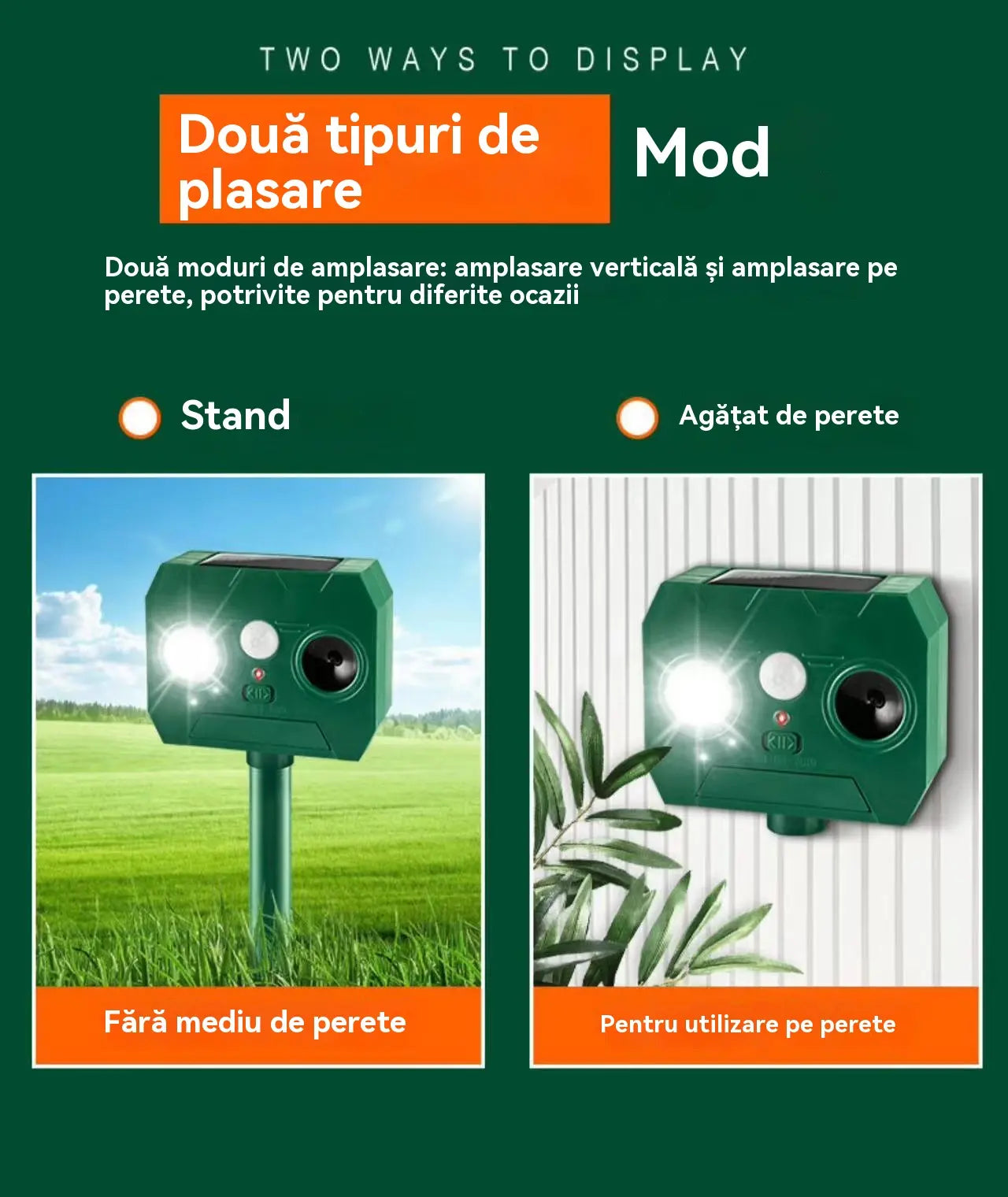 🔥Repelent de păsări cu ultrasunete, alimentat cu energie solară, pentru exterior, cu claxoane duble + lumini intermitente