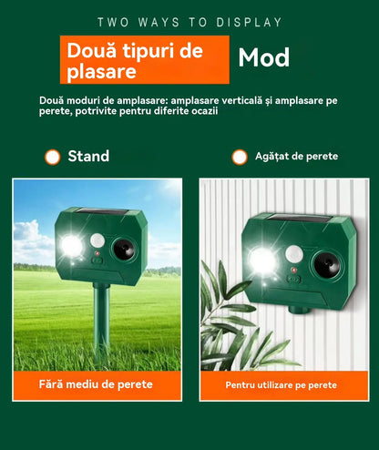 🔥Repelent de păsări cu ultrasunete, alimentat cu energie solară, pentru exterior, cu claxoane duble + lumini intermitente