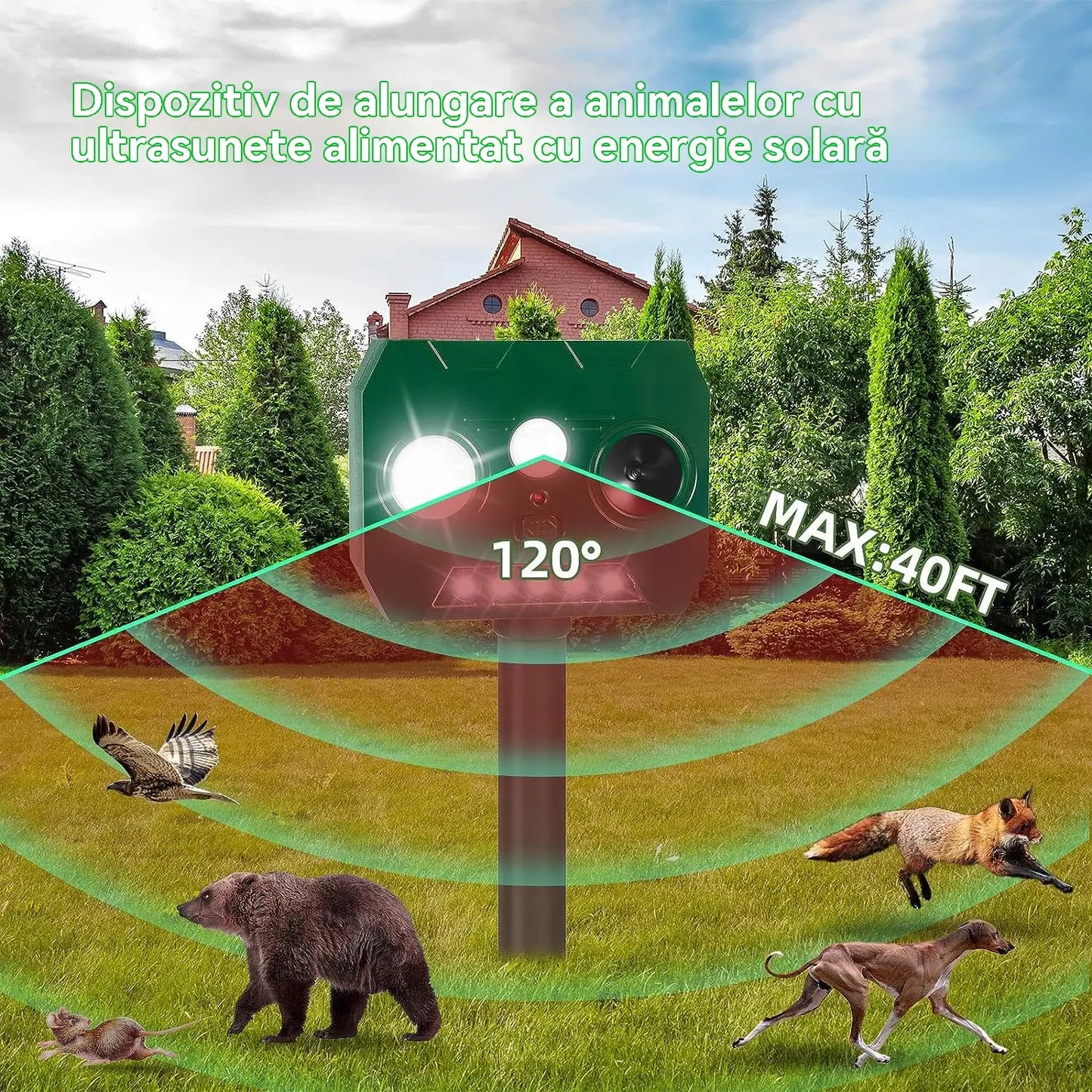 🔥Repelent de păsări cu ultrasunete, alimentat cu energie solară, pentru exterior, cu claxoane duble + lumini intermitente
