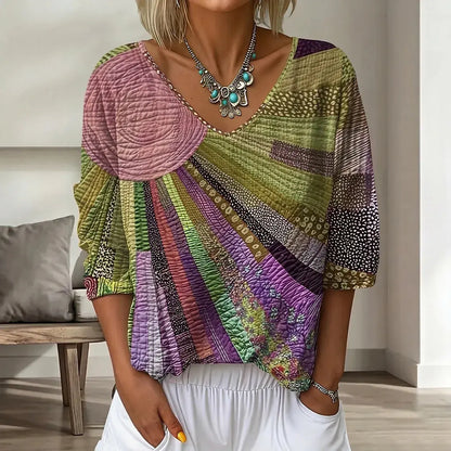 ⏰Tricou cu mânecă trei sferturi, decolteu în V, imprimeu floral retro și imprimeu artistic în gradient.