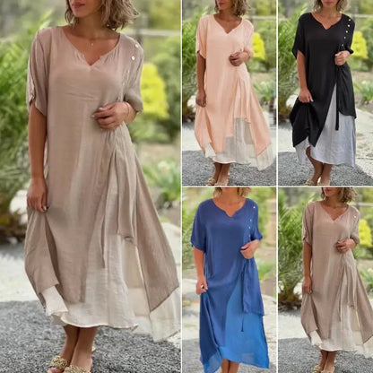 🎁【S-4XL】Rochie de lenjerie intimă din bumbac, la modă, cu decolteu în V, falsă, din două piese, neregulată, din două piese
