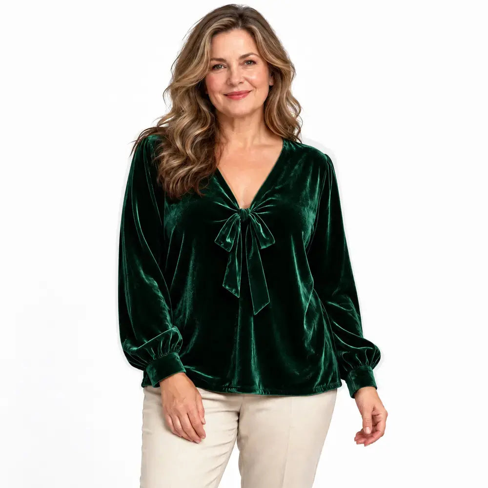 ✨ Nou stil pentru toamnă-iarnă – Top elegant din catifea, cu decolteu în V și detaliu cu legătură