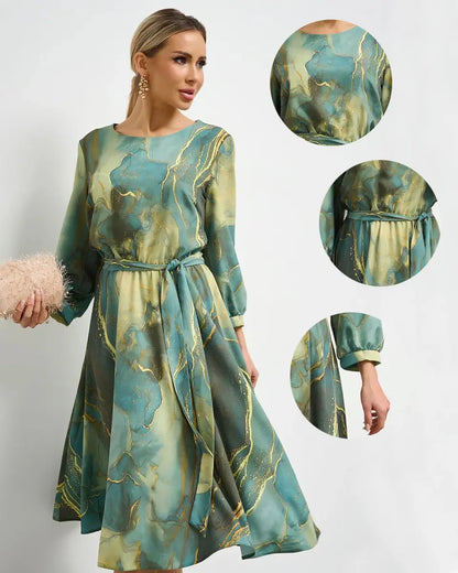 🌿👗Rochie verde elegantă cu mâneci lungi și fustă 🌸