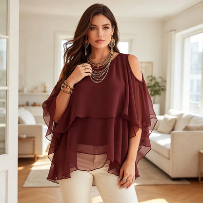 🌿☁️Bluză ușoară pentru femei, cu volane și umerii goi (S-3XL)