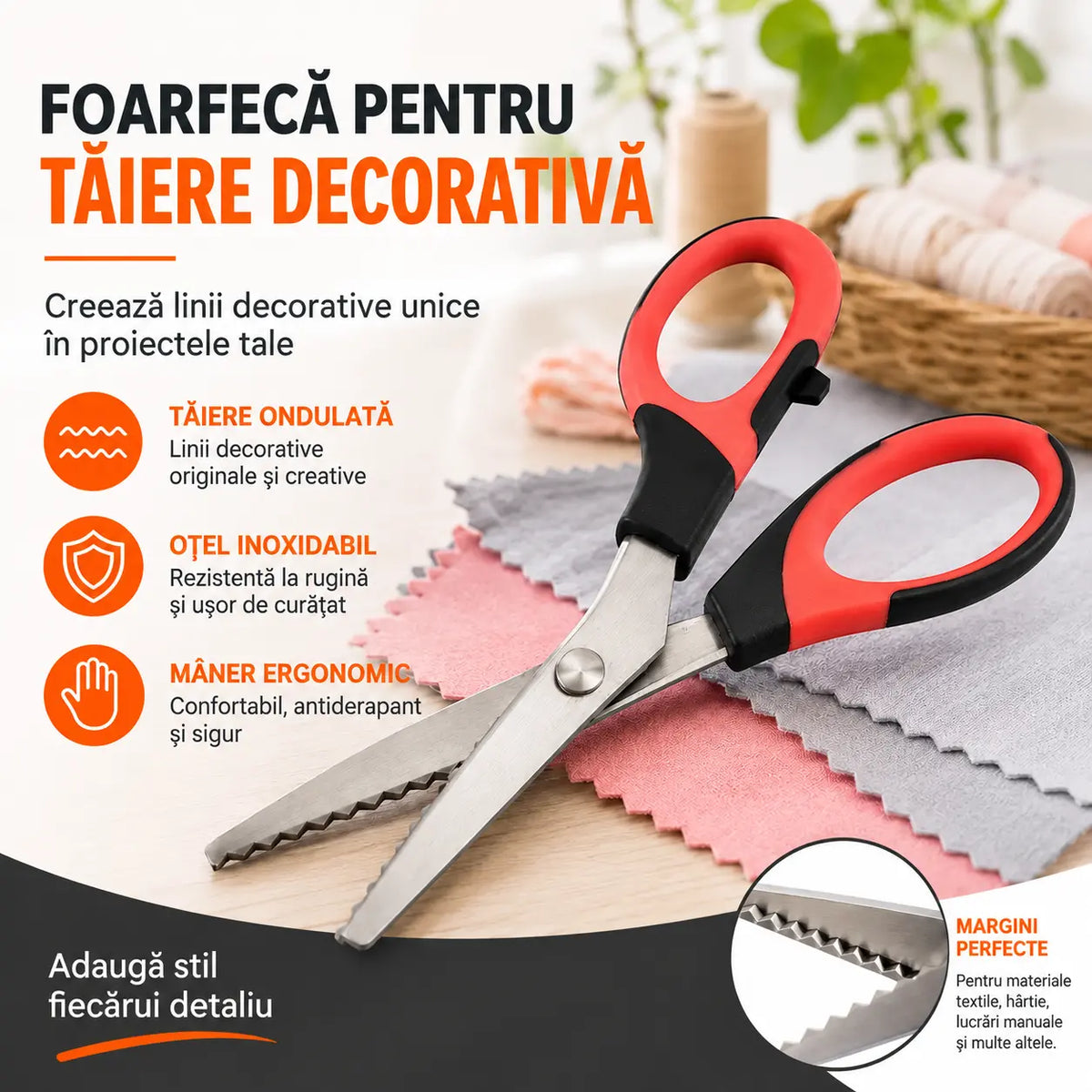 ✂️ Foarfecă multifuncțională cu lame în zigzag – pentru țesături, hârtie și proiecte de artizanat 🧵