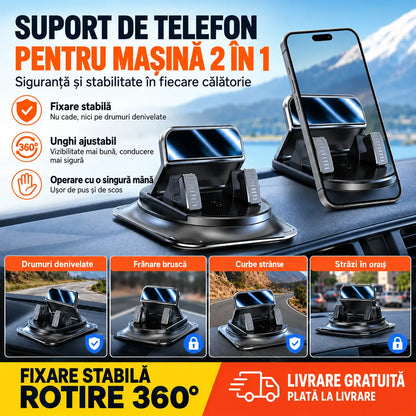 🚗 Suport auto pentru telefon 2 în 1, rotativ la 360° și antiderapant