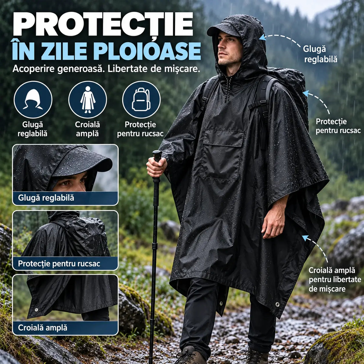 🏕️ Poncho de ploaie multifuncțional 3 în 1 | Pelerină impermeabilă + Cort de camping + Saltea de sol | Pentru drumeții și camping 🌧️