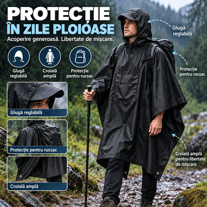 🏕️ Poncho de ploaie multifuncțional 3 în 1 | Pelerină impermeabilă + Cort de camping + Saltea de sol | Pentru drumeții și camping 🌧️