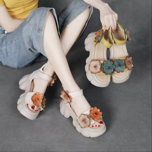 【35-40】Sandale cu talpă groasă pentru femei, model floral etnic