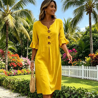🎁【S-5XL】Rochie de damă din bumbac și in, cu mâneci bufante și nasturi