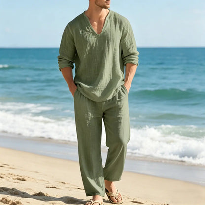 🌴🔥【Top + Pantaloni】Costum bărbătesc casual din in, cu croială lejeră și decolteu în V, potrivit pentru plajă.