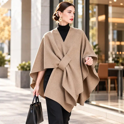 🧥 Șal tip Poncho Multifuncțional din Stofă pentru Toamnă-Iarnă! Design Elegant cu Prindere Suprapusă · Stil Versatil · Călduros și Confortabil!