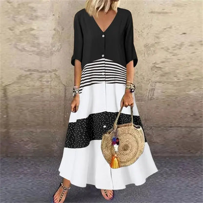 💃【40-120kg】Rochie lungă cu decolteu în V, mâneci scurte, imprimeu și nasturi pentru un look casual