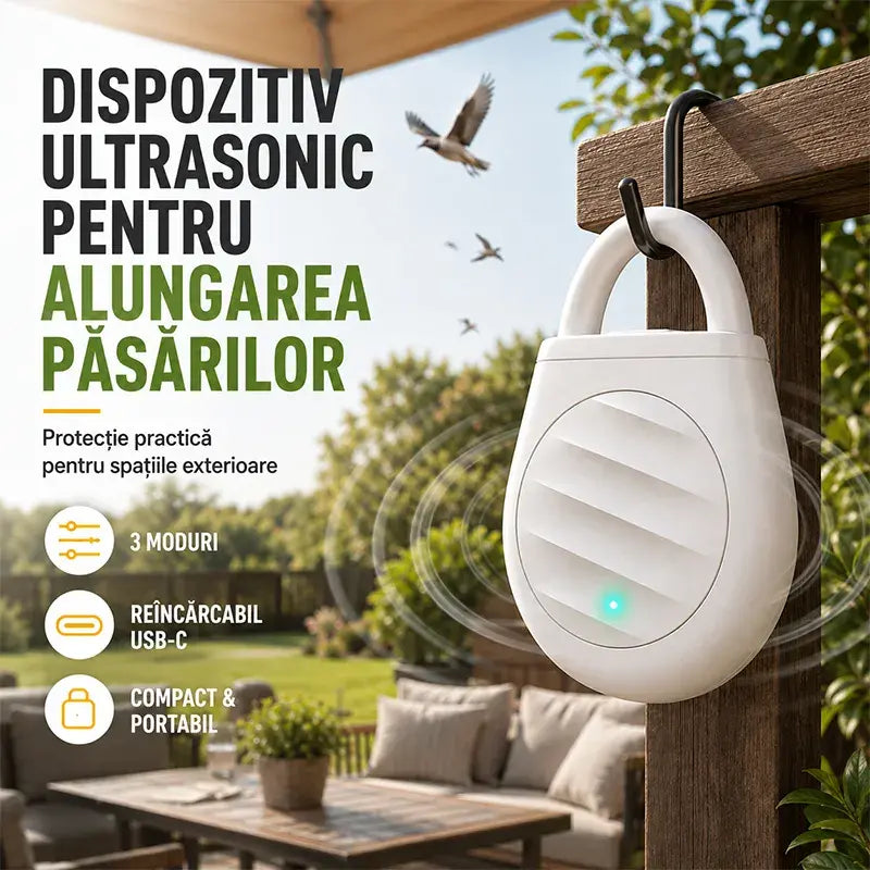 🕊️ Scapă definitiv de porumbei și păsări dăunătoare! Dispozitiv portabil cu ultrasunete pentru alungat păsările și insectele (Frecvență variabilă / Reîncărcabil USB / 3 culori)! ✨