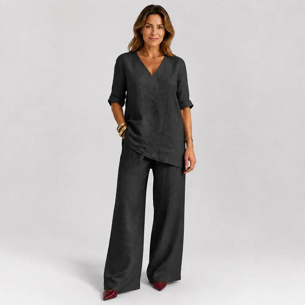 ❤️50% Reducere💥【40-100 kg】Set 2026: Top uni din bumbac și in, mânecă scurtă și decolteu în V + pantaloni casual drepți