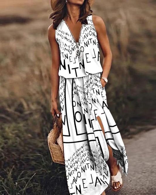 🎁 Reducere 50%💥【40-120kg】Rochie nouă, lungă, casual, fără mâneci, cu imprimeu, croială slim, design cu fermoar ✅️Ramburs la livrare