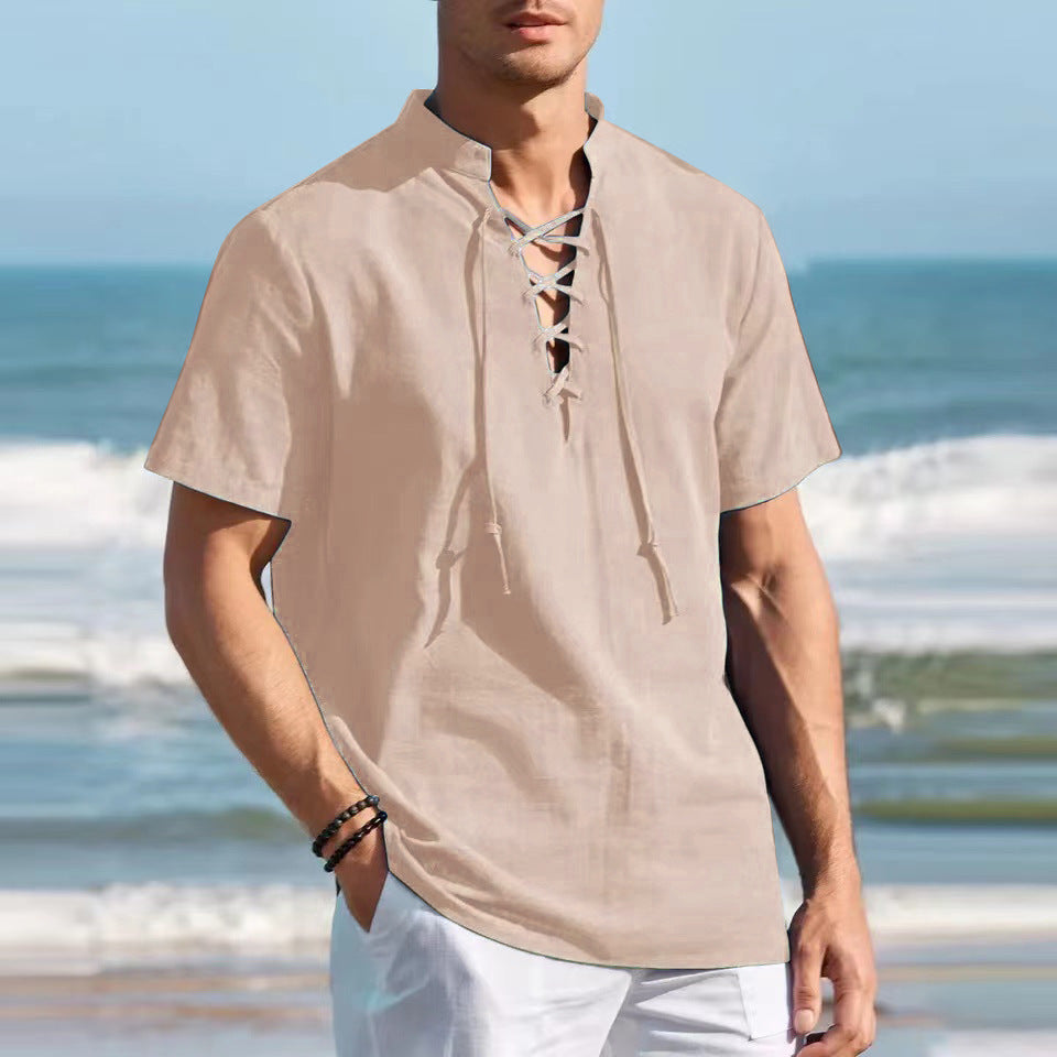 👔🔥Tricou Henley pentru bărbați, talie mare/lungă, din bumbac și in, cu decolteu în V și șireturi