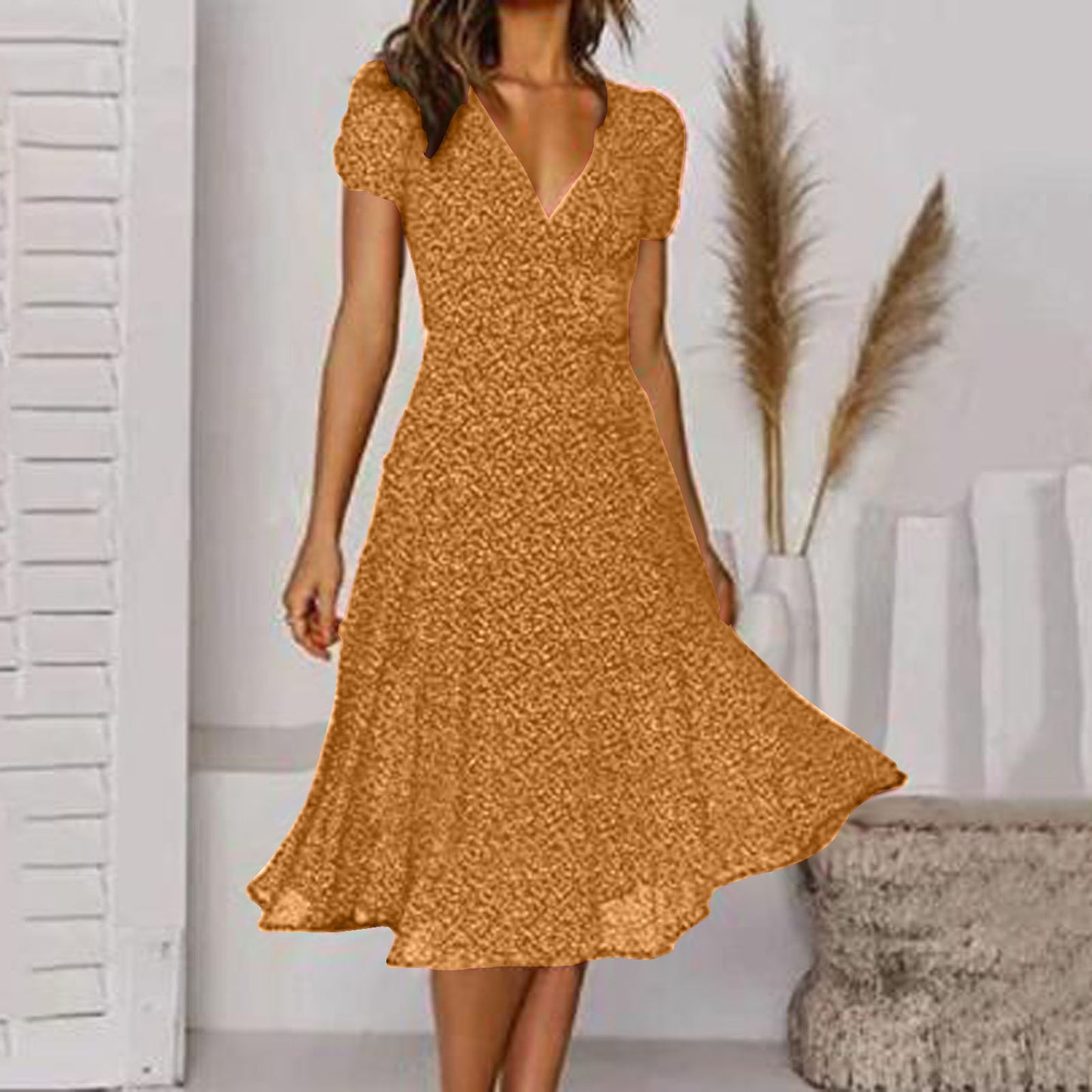 🌈👗 Reducere 50%🔥【40-100kg】Rochie cu mânecă scurtă, decolteu în V și model floral cu buline, mărimi mari