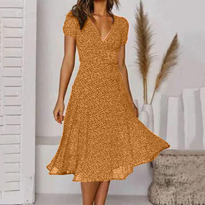 🌈👗 Reducere 50%🔥【40-100kg】Rochie cu mânecă scurtă, decolteu în V și model floral cu buline, mărimi mari