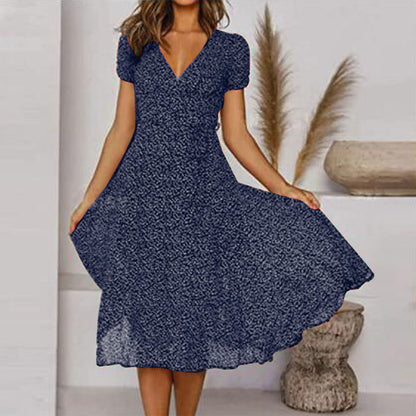 🌈👗 Reducere 50%🔥【40-100kg】Rochie cu mânecă scurtă, decolteu în V și model floral cu buline, mărimi mari