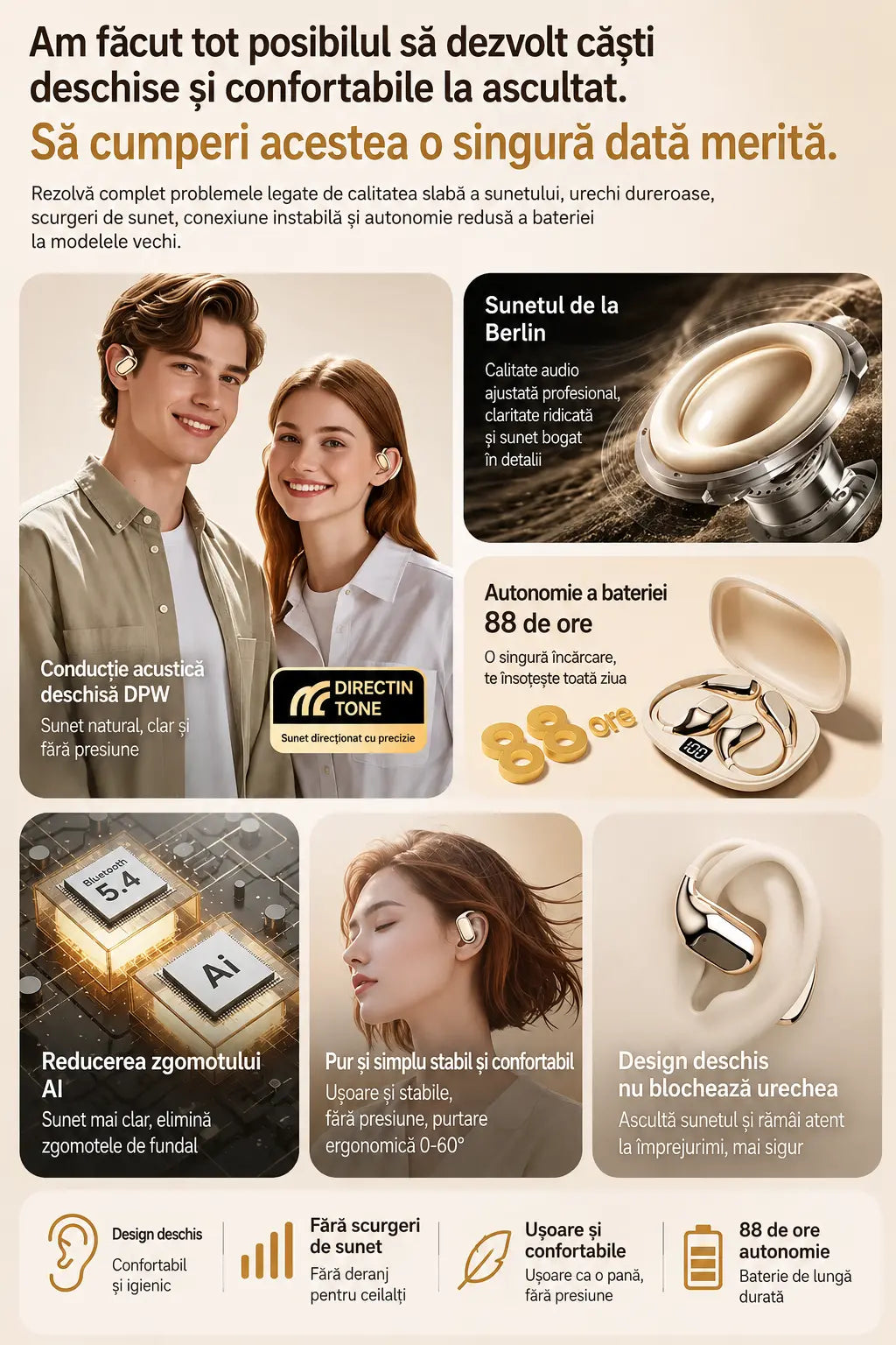 🔋Căști Bluetooth wireless cu design open-ear, cârlig pentru ureche și conducție osoasă🎙️🎧