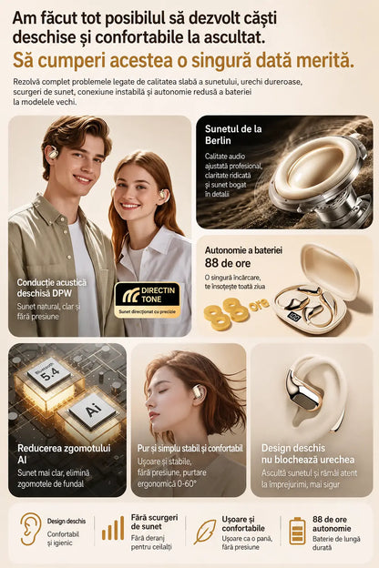 🔋Căști Bluetooth wireless cu design open-ear, cârlig pentru ureche și conducție osoasă🎙️🎧