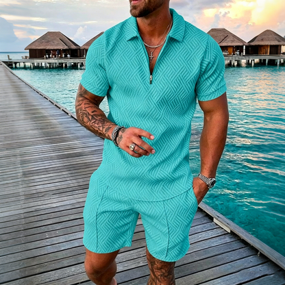 😎🔥【Top + Pantaloni】 (40-130 kg) Set de zi cu zi format din tricou polo cu fermoar și imprimeu 3D pentru bărbați