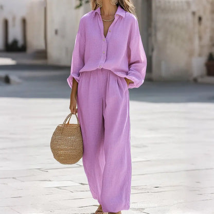 ✨【Bluză + Pantaloni】Set de zi cu zi pentru femei, cu mânecă lungă, din bumbac și in, și pantaloni