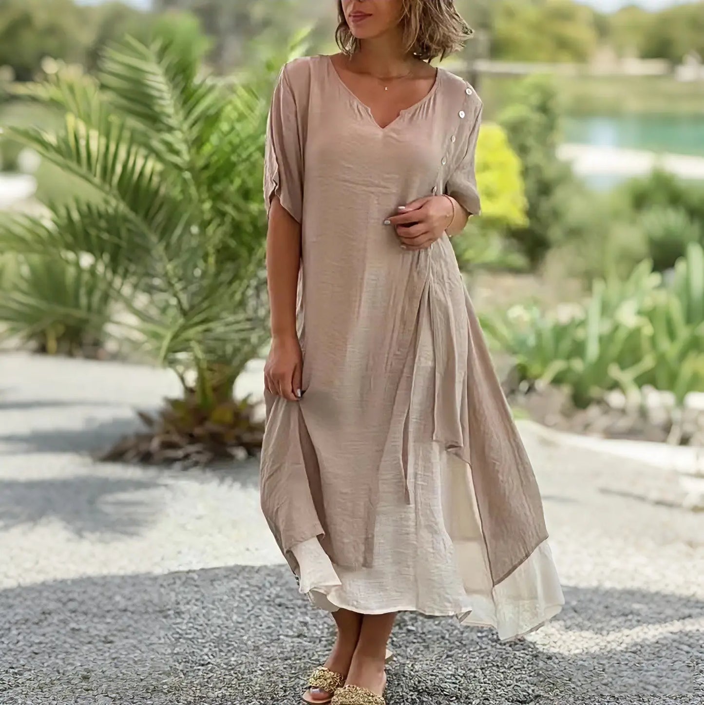 🎁【S-4XL】Rochie de lenjerie intimă din bumbac, la modă, cu decolteu în V, falsă, din două piese, neregulată, din două piese