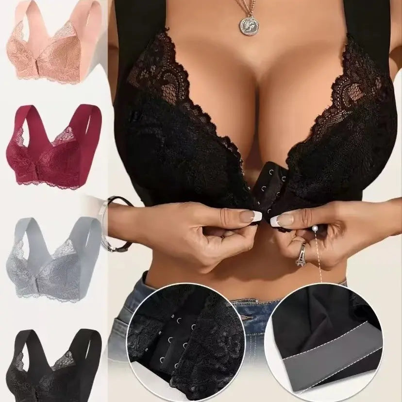 💖【Set de 5 bucăți】【40–100 kg】😍Sutien cu efect de susținere, spate delicat din dantelă, design potrivit pentru mărimi mari, închidere frontală