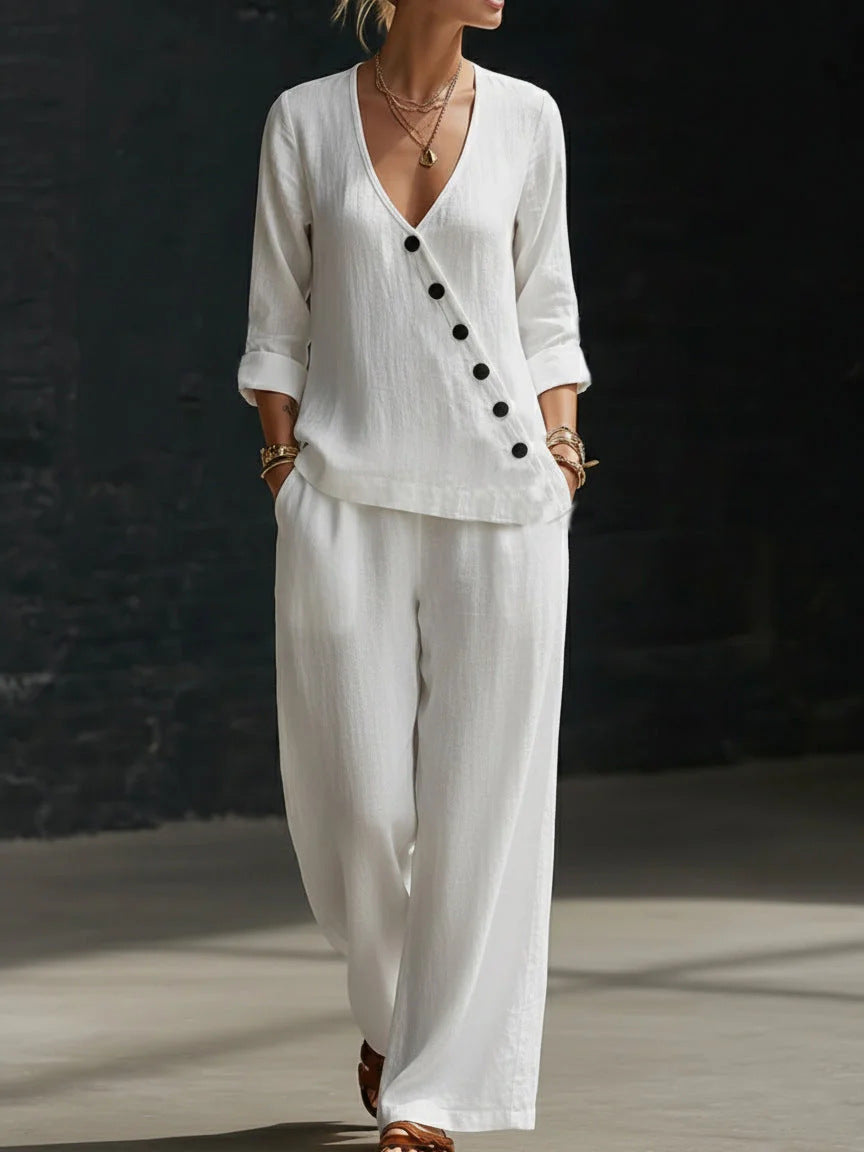 🥰【Bluză + Pantaloni】(40-120 kg) Set din două piese - Bluză simplă cu decolteu în V și pantaloni cu croi larg