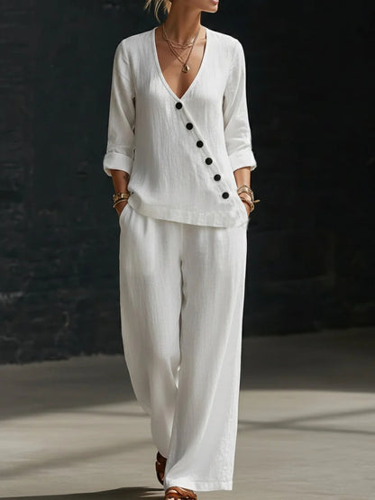 🥰【Bluză + Pantaloni】(40-120 kg) Set din două piese - Bluză simplă cu decolteu în V și pantaloni cu croi larg