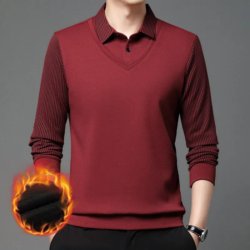 【M-4XL】Tricou polo din două piese, cu un model în dungi de tip „faux-patchwork”