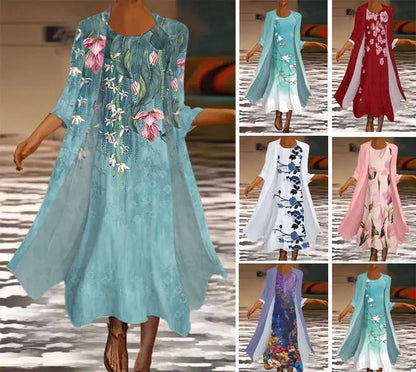 🌻 Reducere -50%🔥【40-120 kg】Rochie nouă pentru femei cu imprimeu floral, rochie din două piese și decolteu rotund