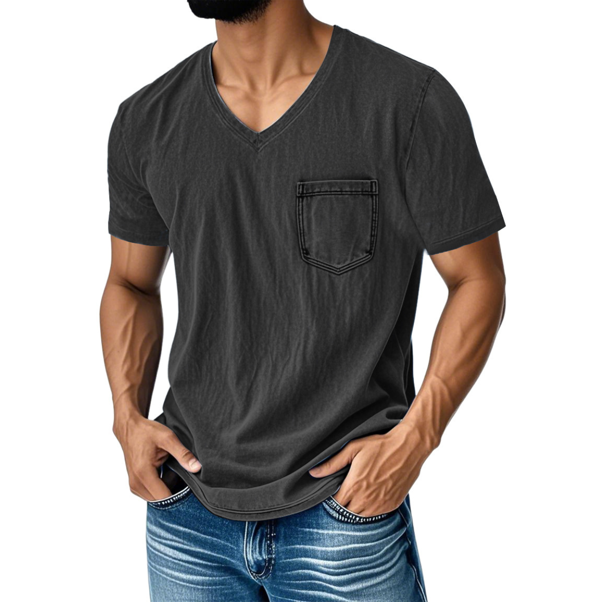 👔 50% reducere🔥【40-120 kg】Tricou bărbătesc din denim, casual, lejer, cu decolteu în V și mânecă scurtă ✅️Ramburs la livrare