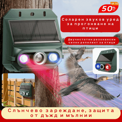【Купете едно, вземете едно безплатно】🔥Слънчев ултразвуков репелент за птици за външна употреба, с мигащи инфрачервени светлини, червени и сини светодиоди