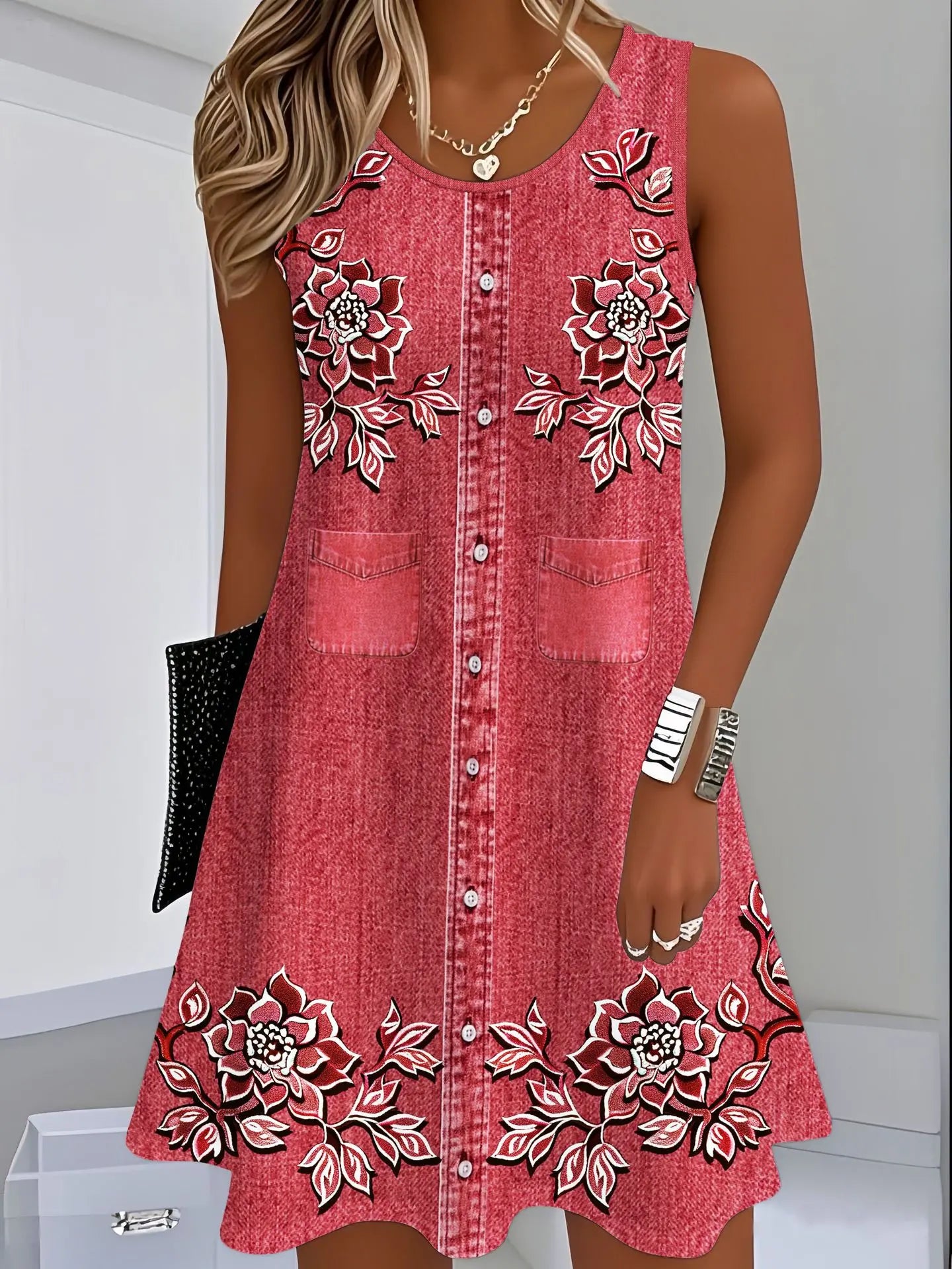 👗【S-8XL】Rochie de vară confortabilă, cu decolteu rotund și imprimeu, mulată și ușor de stilizat.