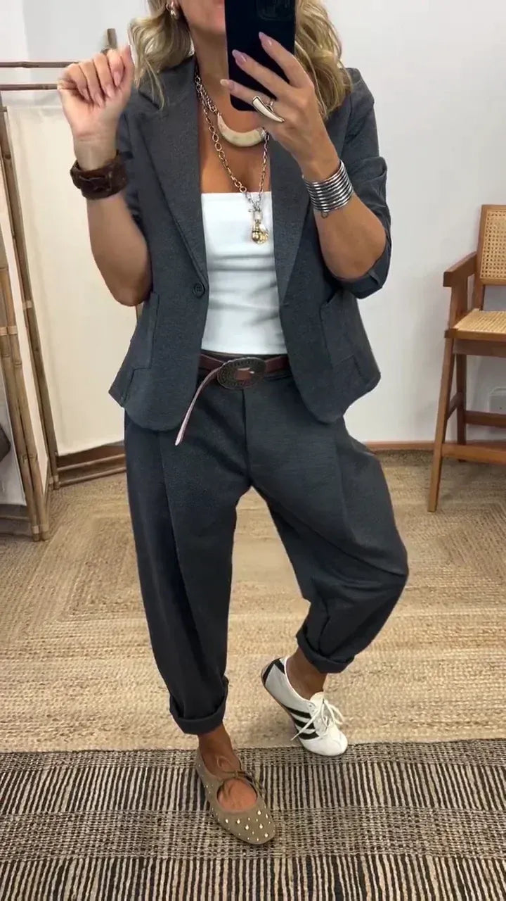 💎【40-100 kg】Set jachetă și pantaloni de damă cu revere - croială mulată, material moale