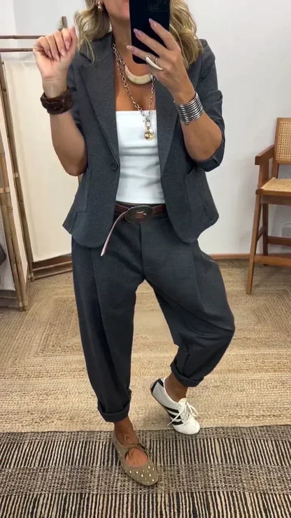 💎【40-100 kg】Set jachetă și pantaloni de damă cu revere - croială mulată, material moale
