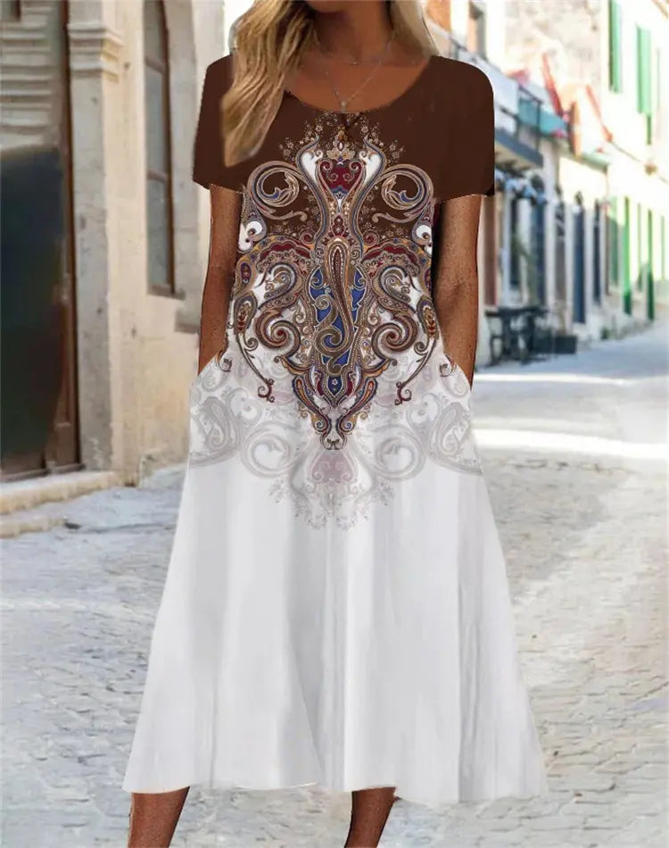 🌸Rochie nouă de vară pentru femei, cu decolteu rotund și model, în mărimi mai mari, vaporoasă și casual