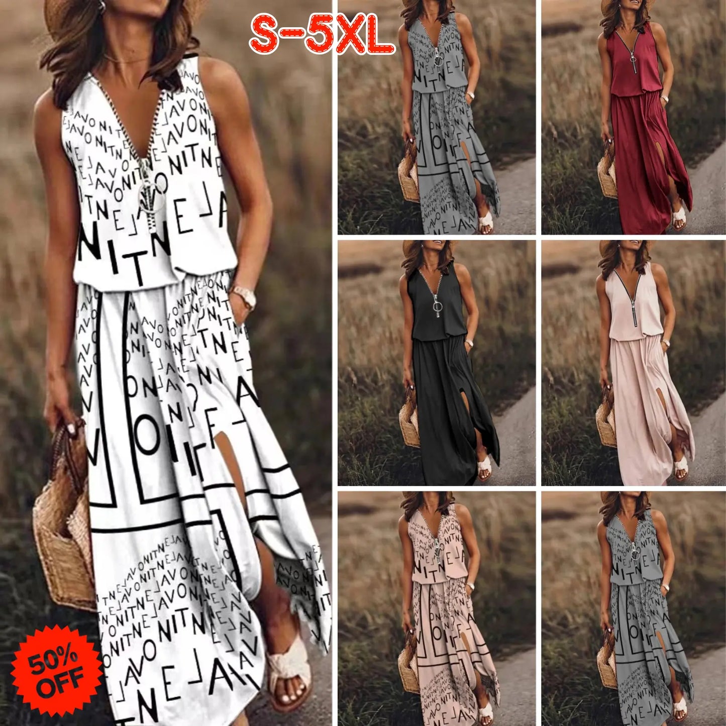 🎁 Reducere 50%💥【40-120kg】Rochie nouă, lungă, casual, fără mâneci, cu imprimeu, croială slim, design cu fermoar ✅️Ramburs la livrare