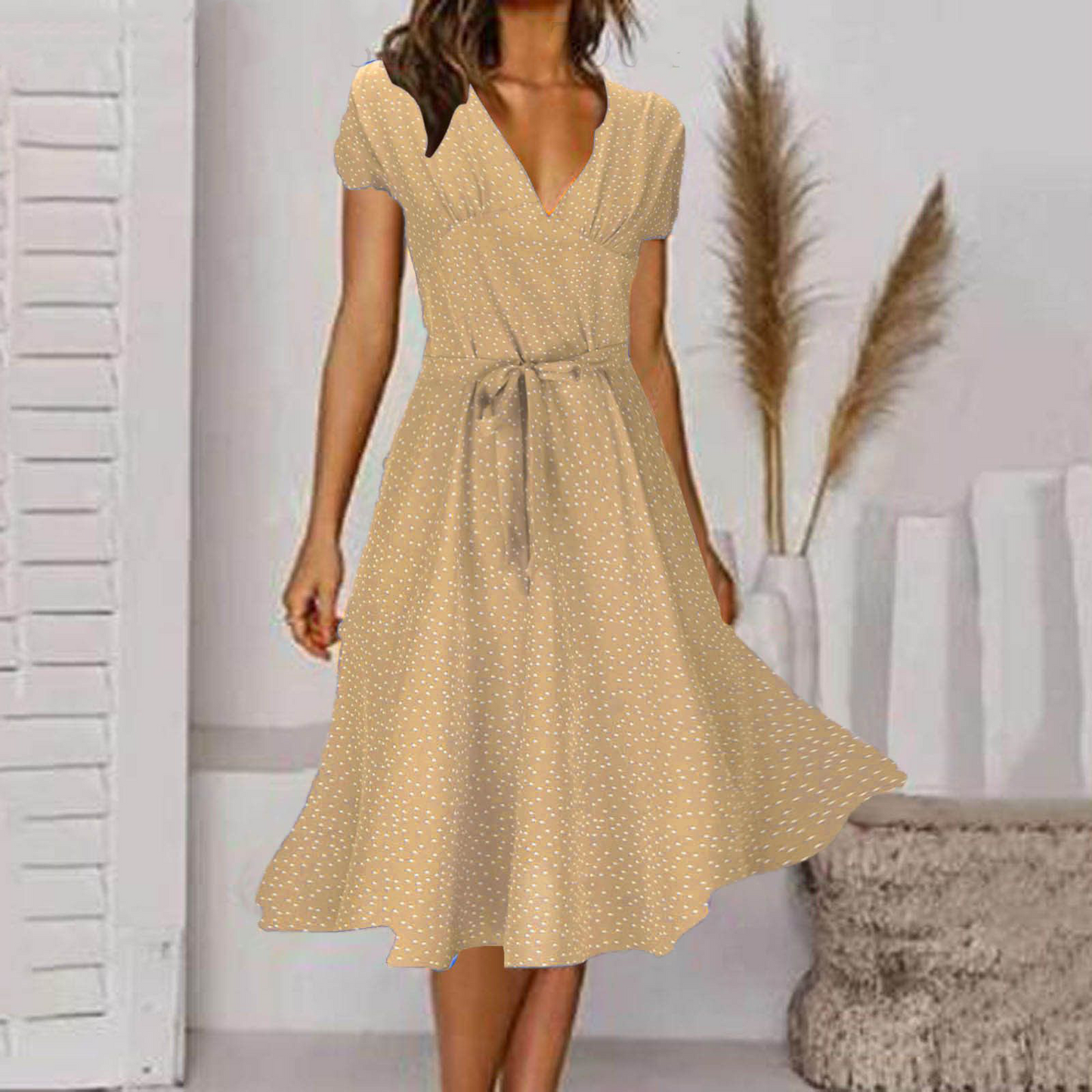 🌈👗 Reducere 50%🔥【40-100kg】Rochie cu mânecă scurtă, decolteu în V și model floral cu buline, mărimi mari