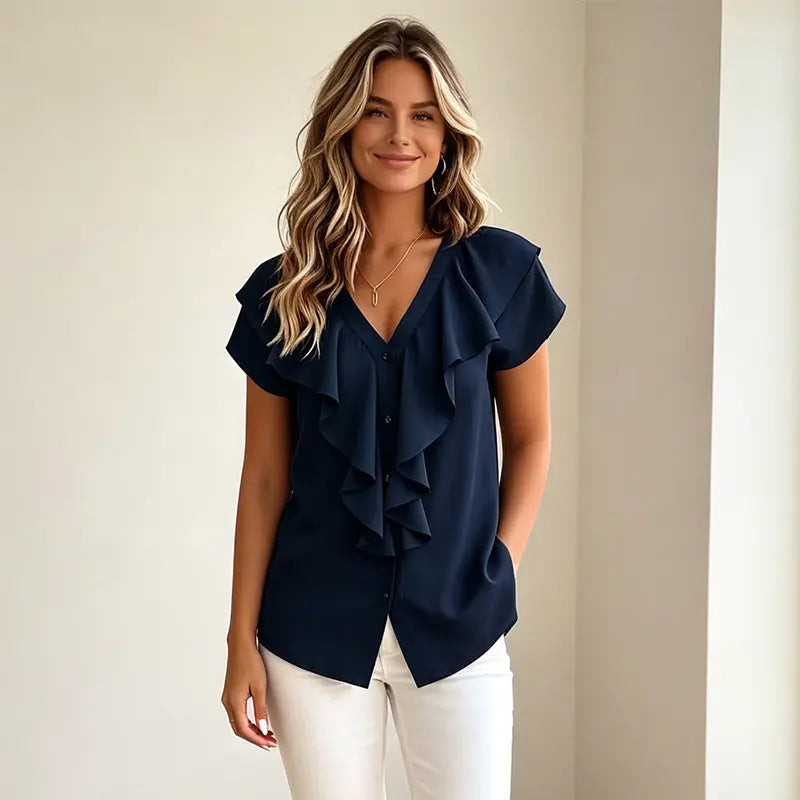 ✨✨Bluză elegantă de vară pentru femei, cu decolteu în V – Cămașă casual cu volane și nasturi; material moale, respirabil și răcoros.