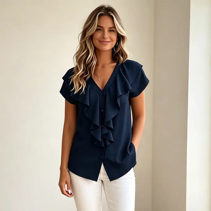 ✨✨Bluză elegantă de vară pentru femei, cu decolteu în V – Cămașă casual cu volane și nasturi; material moale, respirabil și răcoros.