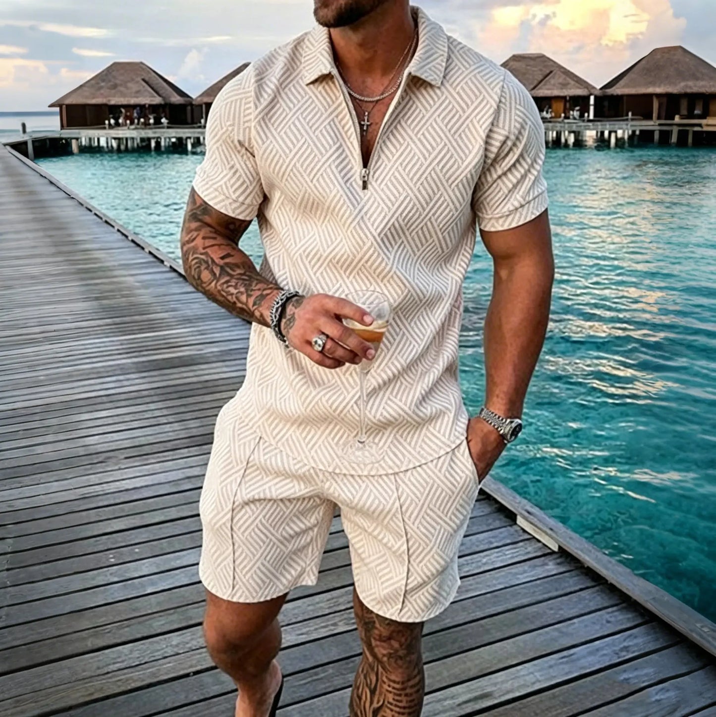 😎🔥【Top + Pantaloni】 (40-130 kg) Set de zi cu zi format din tricou polo cu fermoar și imprimeu 3D pentru bărbați