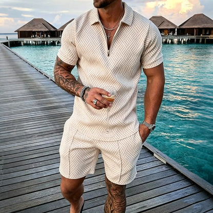 😎🔥【Top + Pantaloni】 (40-130 kg) Set de zi cu zi format din tricou polo cu fermoar și imprimeu 3D pentru bărbați