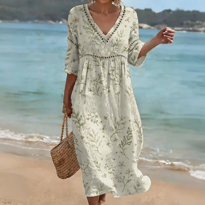 ✨Rochie lungă din bumbac și in cu imprimeu floral, stil estival, decolteu în V, talie definită.