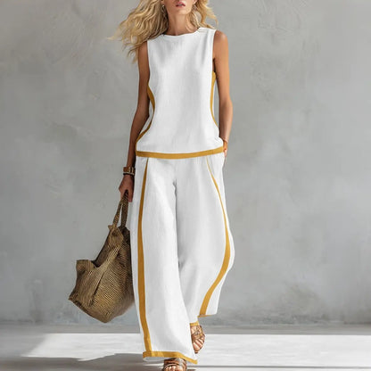 🔥😍【Top + Pantaloni】Set nou și modern din două piese pentru femei: top fără mâneci cu detalii contrastante și pantaloni cu croi larg